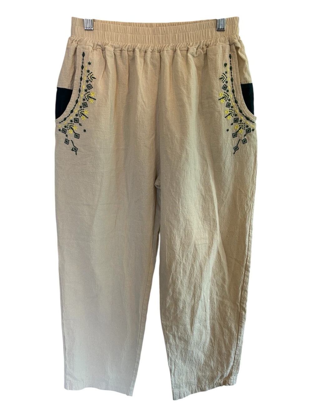 Cotton Butter Yellow Embroidered Boho Relaxed Pants Lightweight Euro Summer